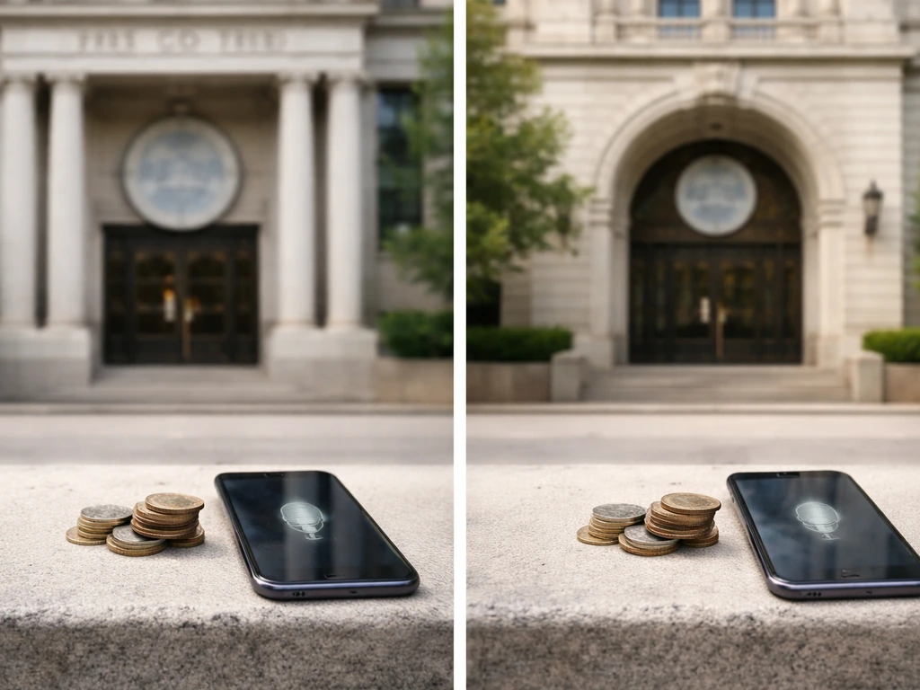 Split-scene of two distinct city hall entrances with symbolic money and media atmosphere