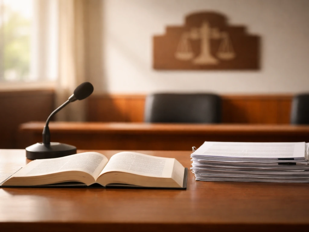 Minimal office scene with legal books, a microphone, and a subtle badge-like placard symbolizing career earnings analysi