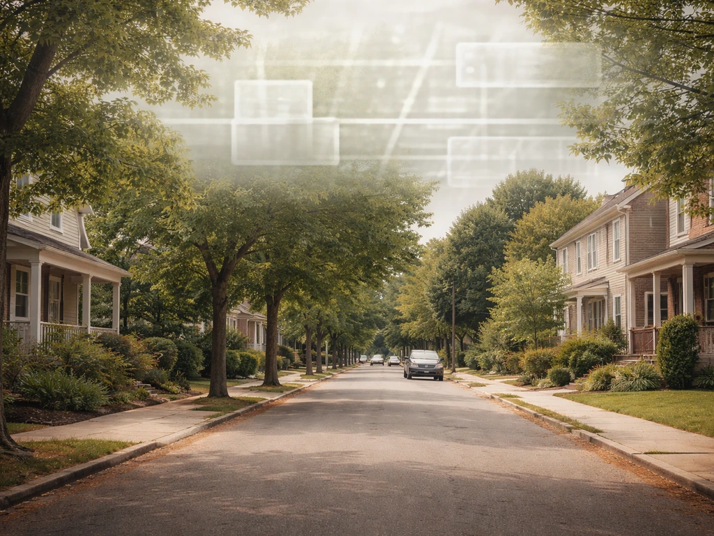 Roslindale street scene with a subtle, abstract property-record search overlay concept