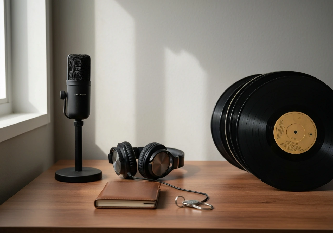 Minimal desk scene with streaming headphones, a microphone, and a small stack of vinyl records symbolizing music income.