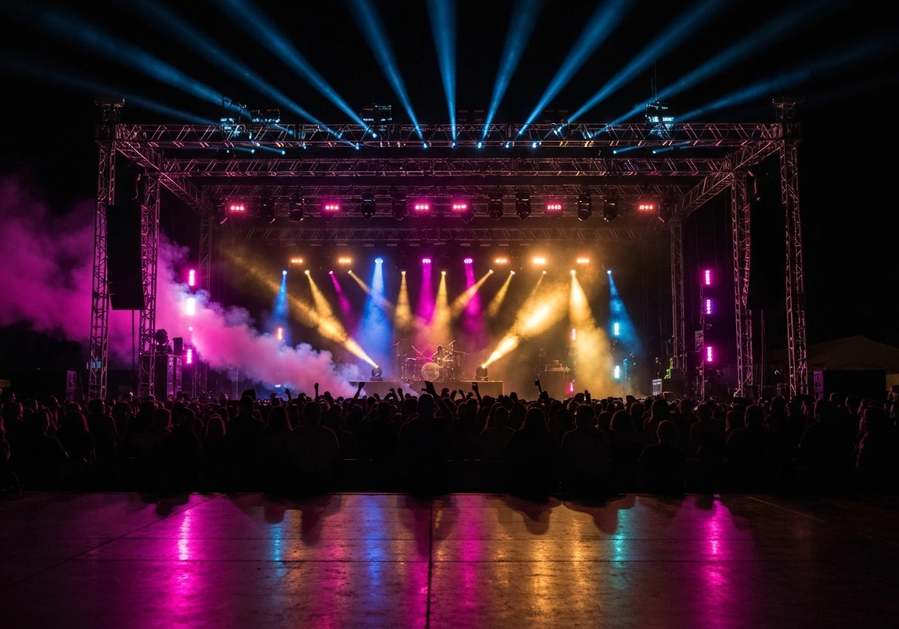 Latin concert stage with dramatic lights, crowd silhouettes, and tour lighting rig at night