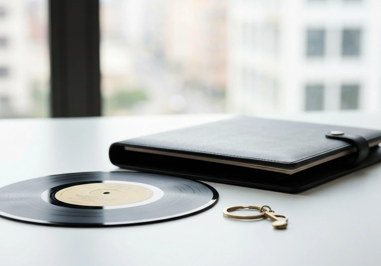 Close-up of a vinyl record and contract folder on a clean desk, symbolizing record label ownership rights.