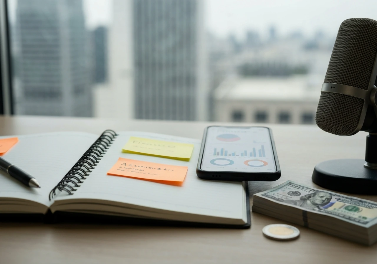 Minimal desk with notebooks, smartphone blur, cash, coin, and microphone by a window skyline.