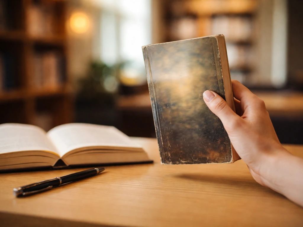 Anonymous hand holding a paperback novel on a wooden desk, suggesting distinguishing the right author.