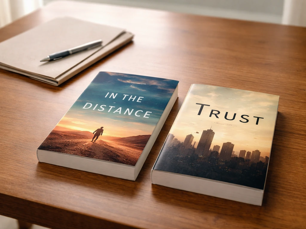 A quiet desk with two novels, one open, symbolizing book publishing advances and royalties.