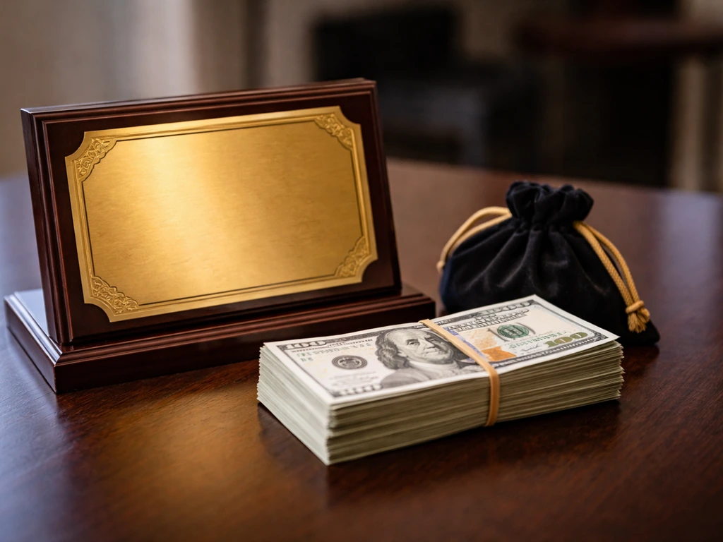 A gold award plaque on a wooden desk next to velvet pouch and bundled prize cash.