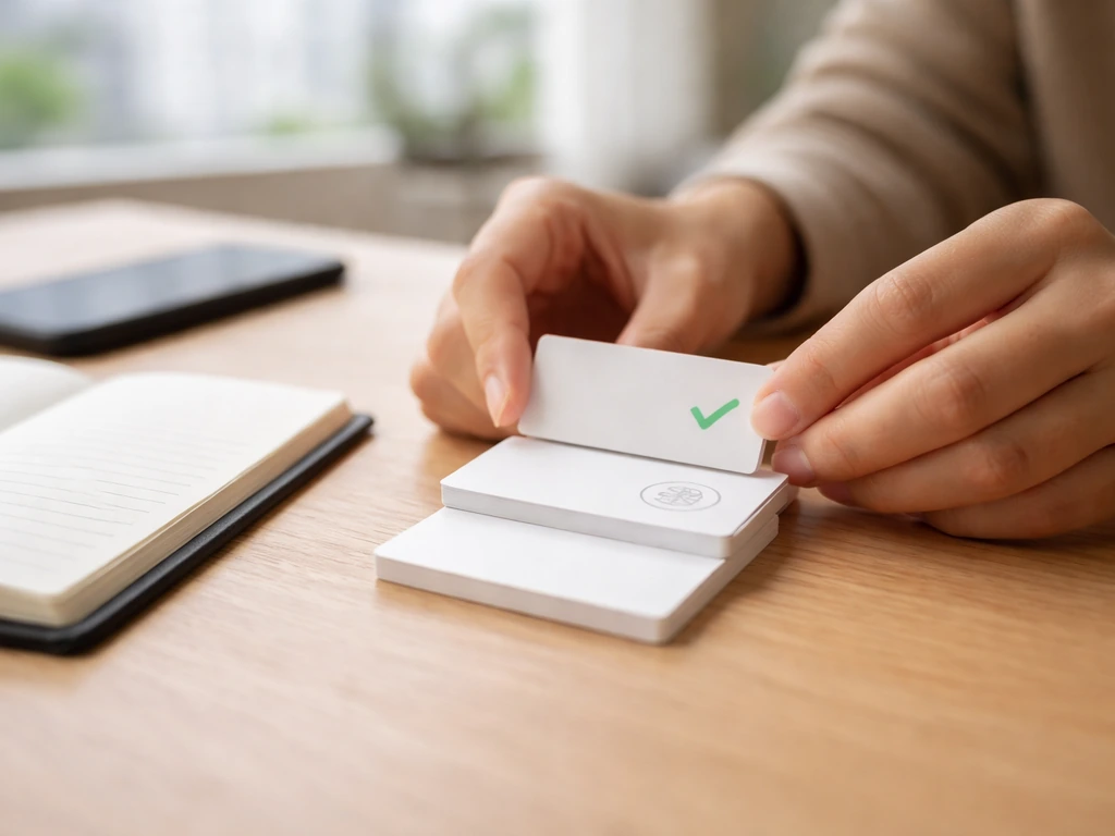 Anonymous hands place checklist cards next to a notebook and phone on a simple desk.