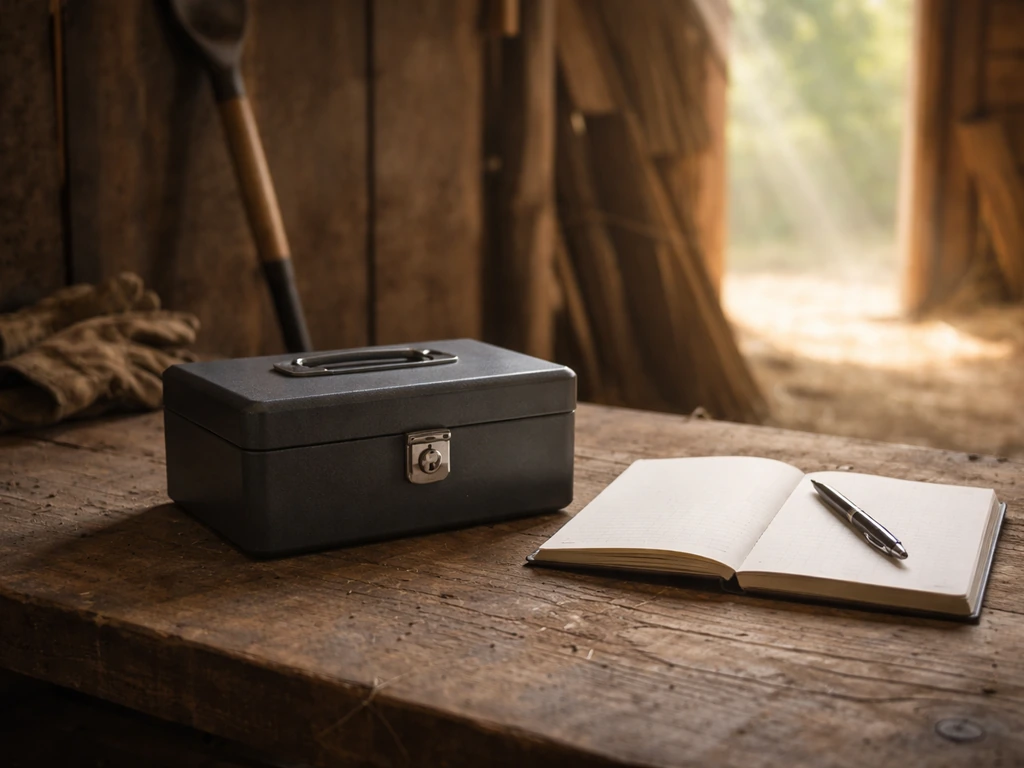 Close-up of farm cash ledger notebook beside a small safe and farming tools in a quiet barn