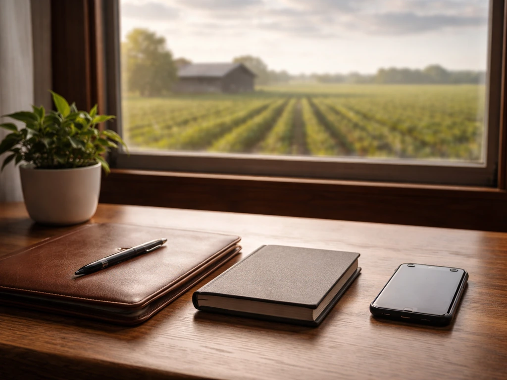 Minimal farm-office desk scene with farmland outside the window, symbolizing Manuel Diaz Farms leadership.