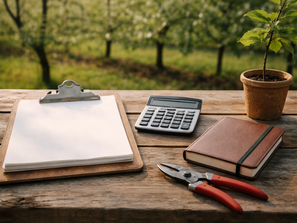 Minimal farm finance scene with a clipboard, calculator, and small ledger beside an orchard fence.