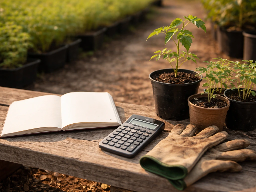 Minimal photo of a small notebook, calculator, and soil-stained gloves beside potted seedlings outdoors in Florida
