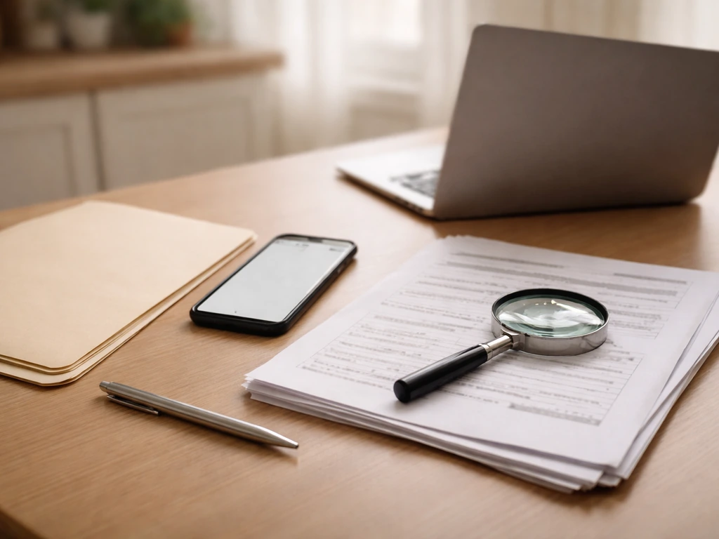Desk with paperwork, magnifying glass, and phone for verifying business records, with no readable text.