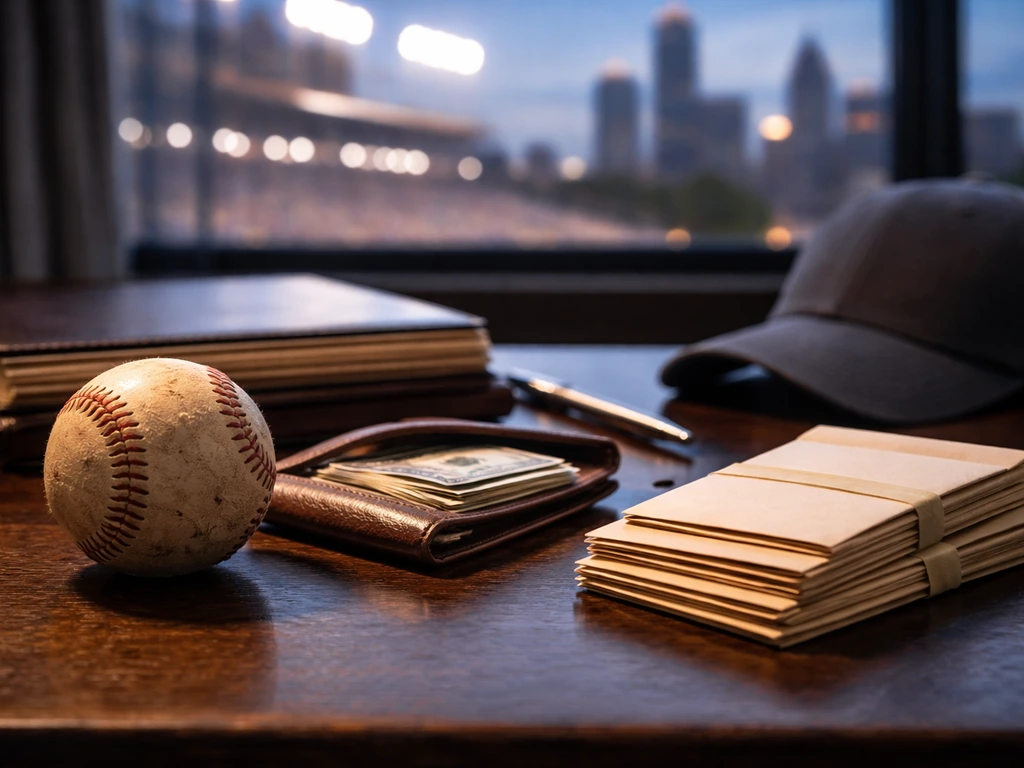 Baseball on a wooden desk beside an open wallet and blank ledger, with a blurred stadium skyline behind it.