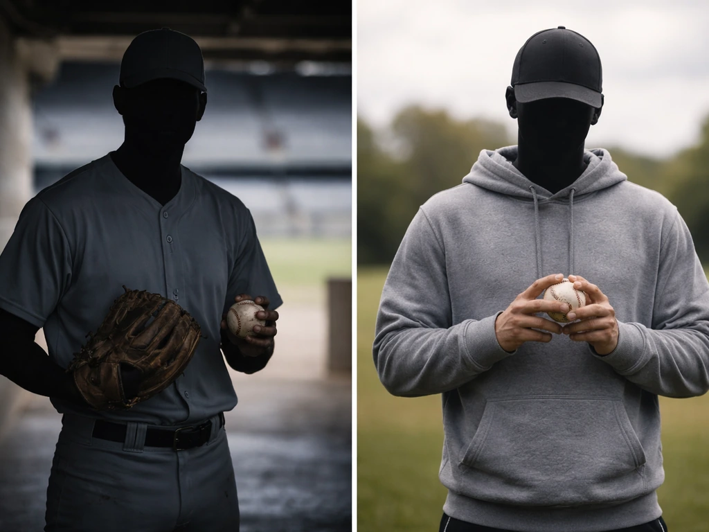 Split-screen showing two anonymous baseball-themed name-confusion scenes, one with an MLB-style uniform and one generic