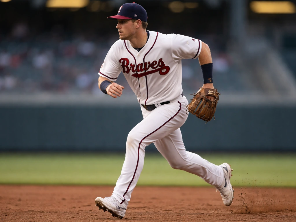 Anonymous Braves infield player in uniform mid-play on the dirt in a softly blurred stadium