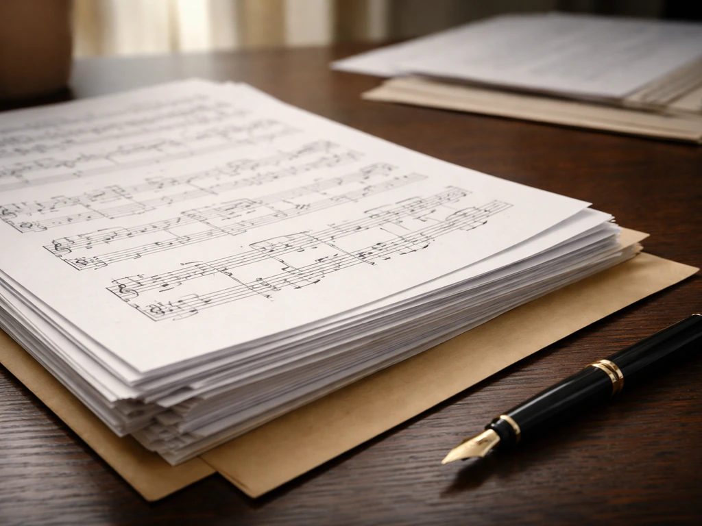 Close-up of sheet music pages and a pen on a wooden desk with blurred rights paperwork in background
