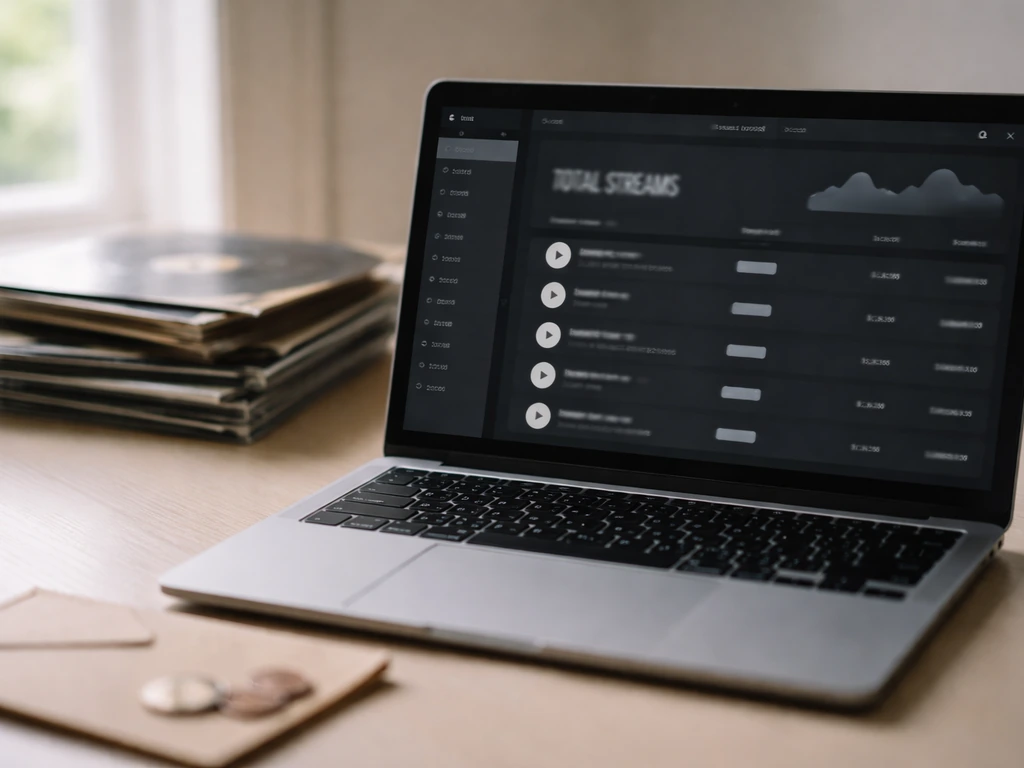 Laptop with a generic streaming dashboard beside old music media and coins, symbolizing digital royalties