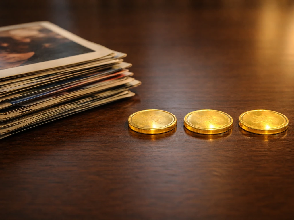 Vintage music catalog sleeves on a dark wood table beside gold coins symbolizing catalog value.