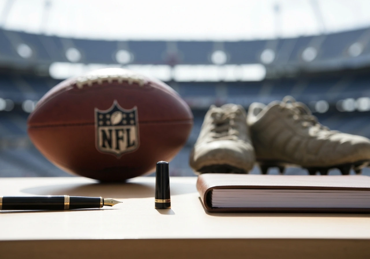 Worn football cleats and game ball on a desk beside a leather portfolio, symbolizing contract earnings.