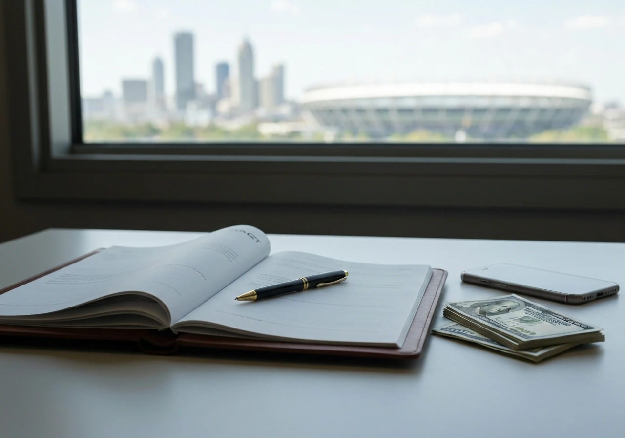 Minimal photo of a businessman’s desk with a pen, cash, and contract folders symbolizing contract money moments