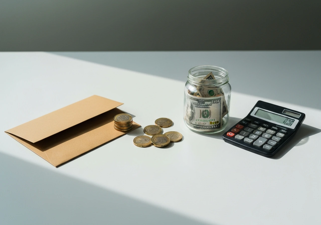 Minimal desk scene with coins, a money envelope, and a cash jar to suggest different net-worth assumptions.