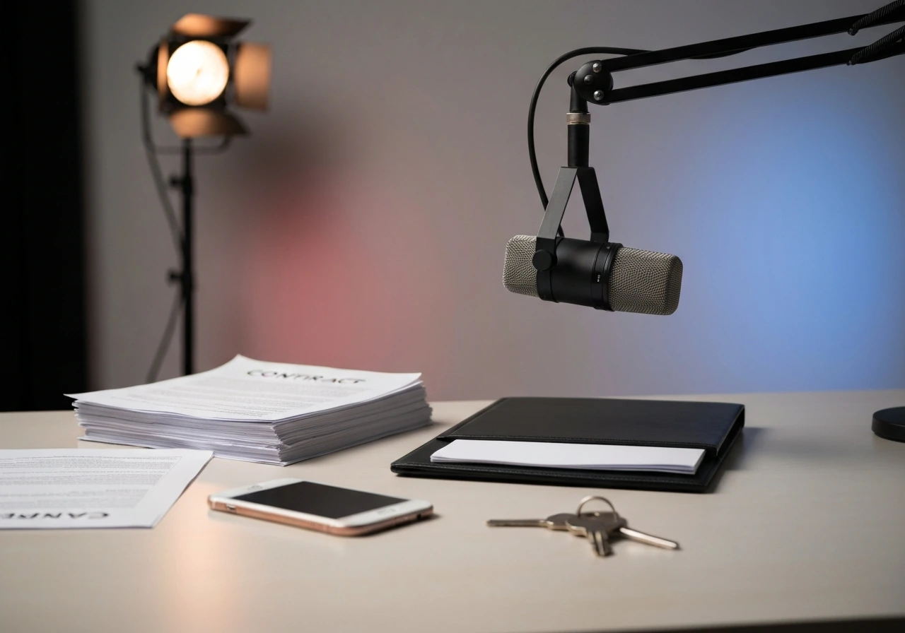 Minimal studio desk with a microphone, streaming-style lights, and scattered contract-like documents suggesting a net-wo