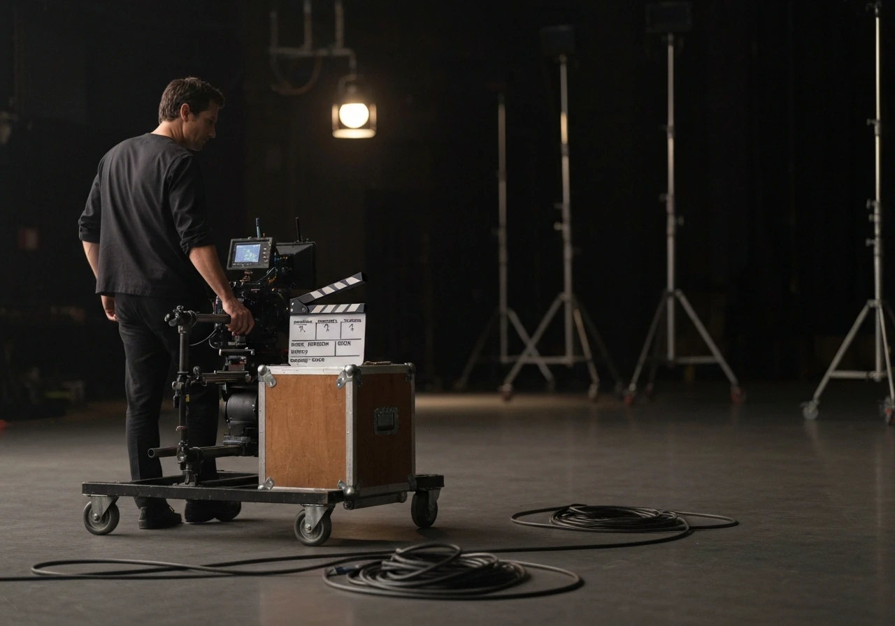 Film set scene with an anonymous actor at an empty soundstage, clapperboard and cables in soft focus
