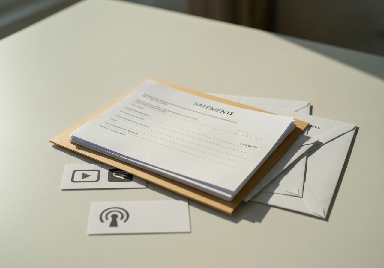 Minimal desk scene with a neat stack of royalty papers, beside a streaming icon-themed object, symbolizing residual paym