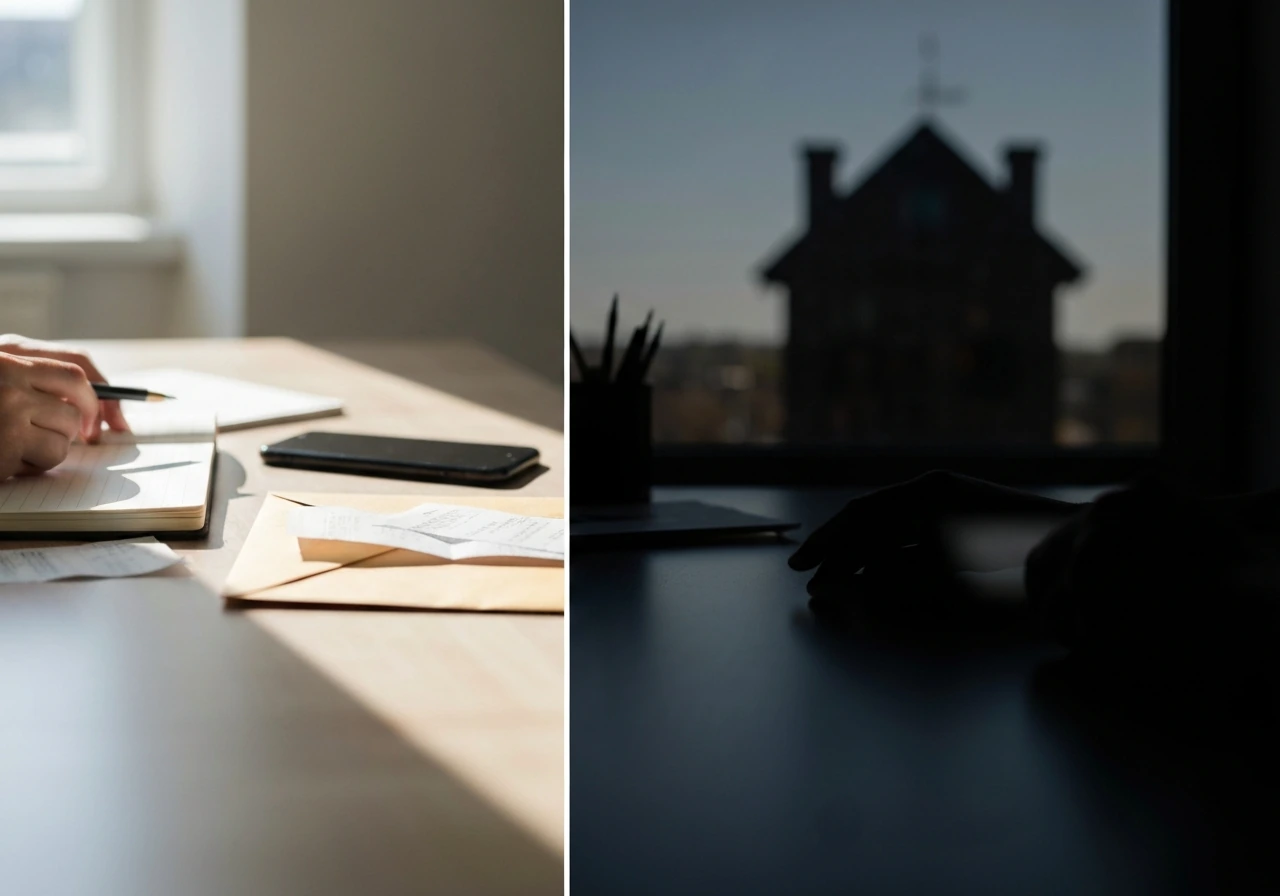 Split view showing a person’s anonymous desk with receipts on one side and vague shadows on the other.