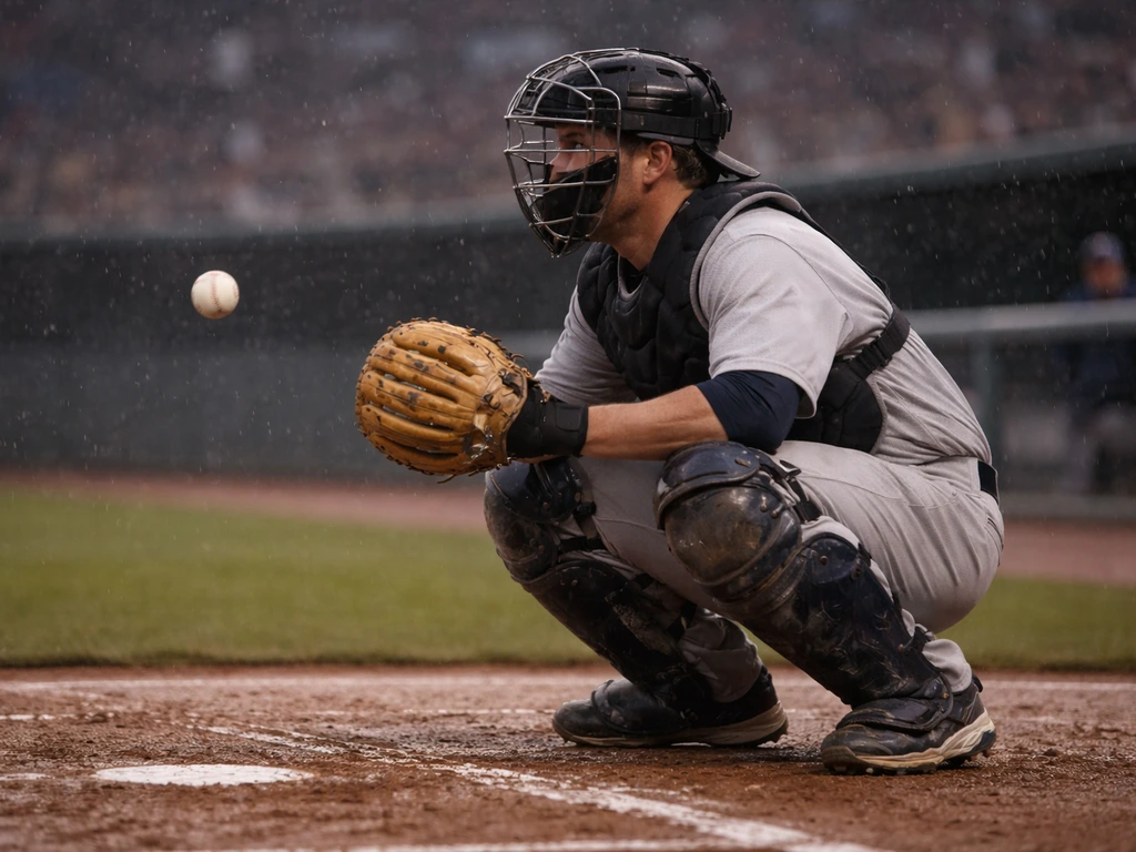 Anonymous MLB catcher in gear crouched behind home plate during a game with a blurred stadium background
