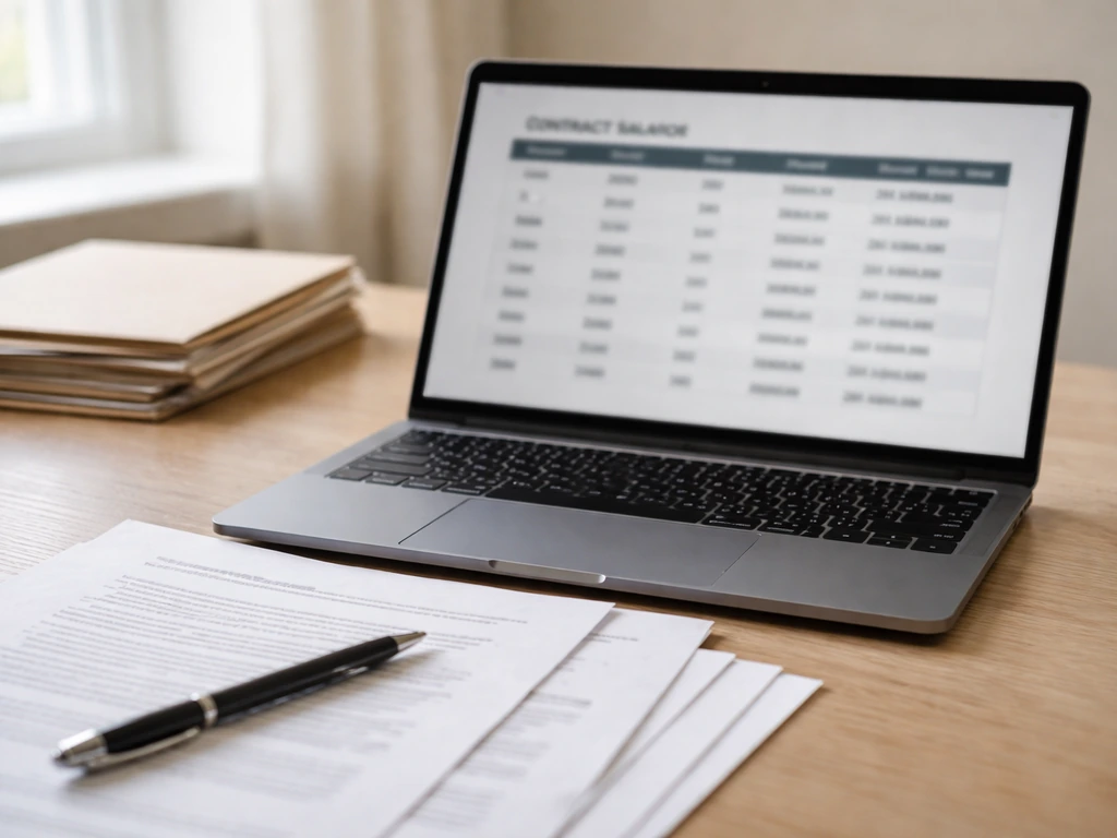 Close-up of an office laptop showing a blurred baseball salary contract table layout, with documents and pen