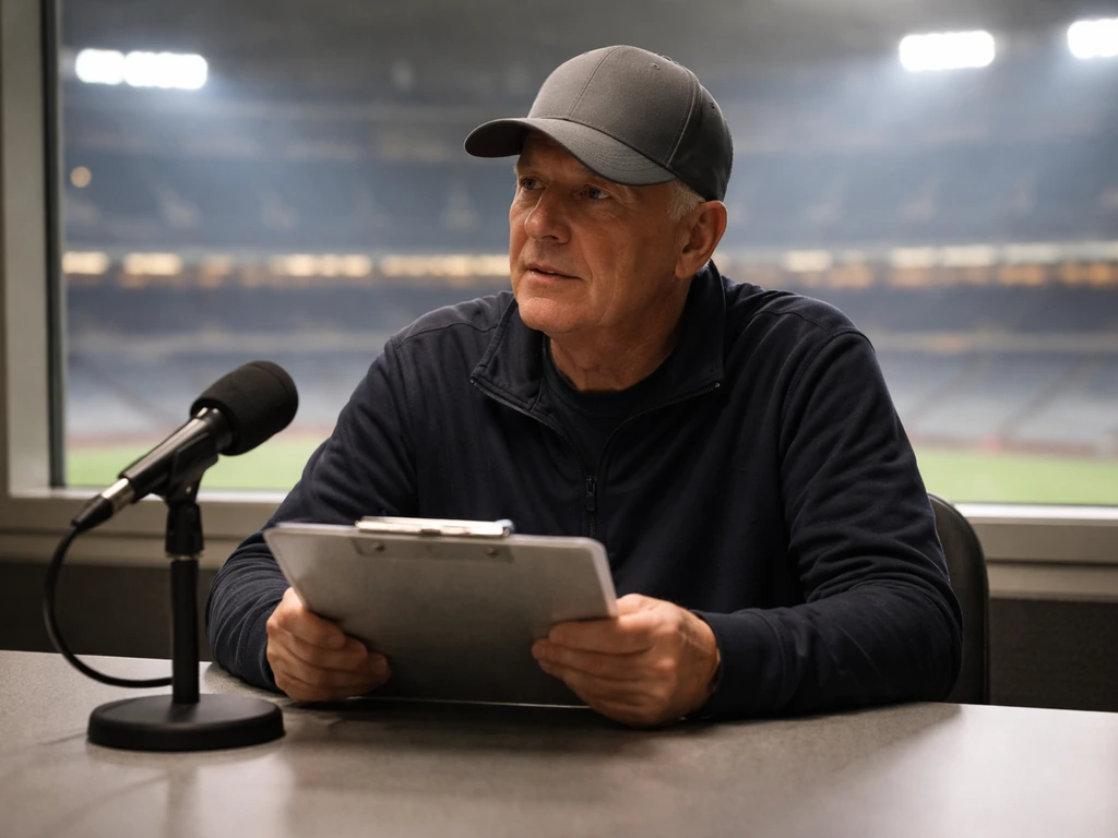 Anonymous MLB coach/broadcaster in a simple stadium media area with a microphone and cap