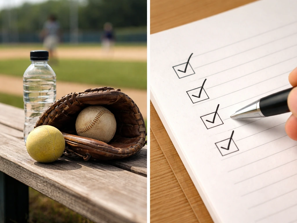 Closeup of baseball training gear beside a notebook page with checked liability categories, no text