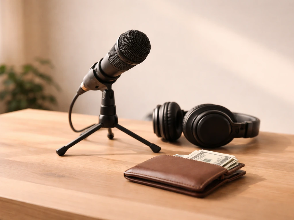 Minimal studio desk with microphone, headphones, and a wallet suggesting media and earning potential.