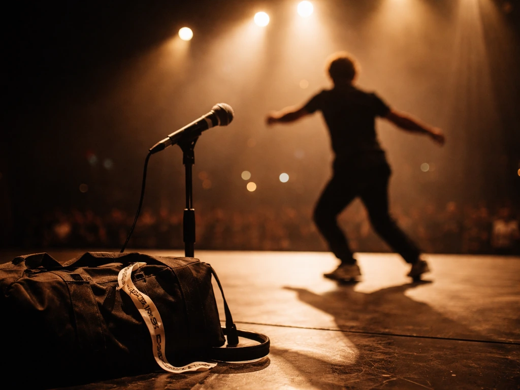 Unidentifiable performer silhouette on a lit competition stage, with microphone stand and duffel bag nearby.