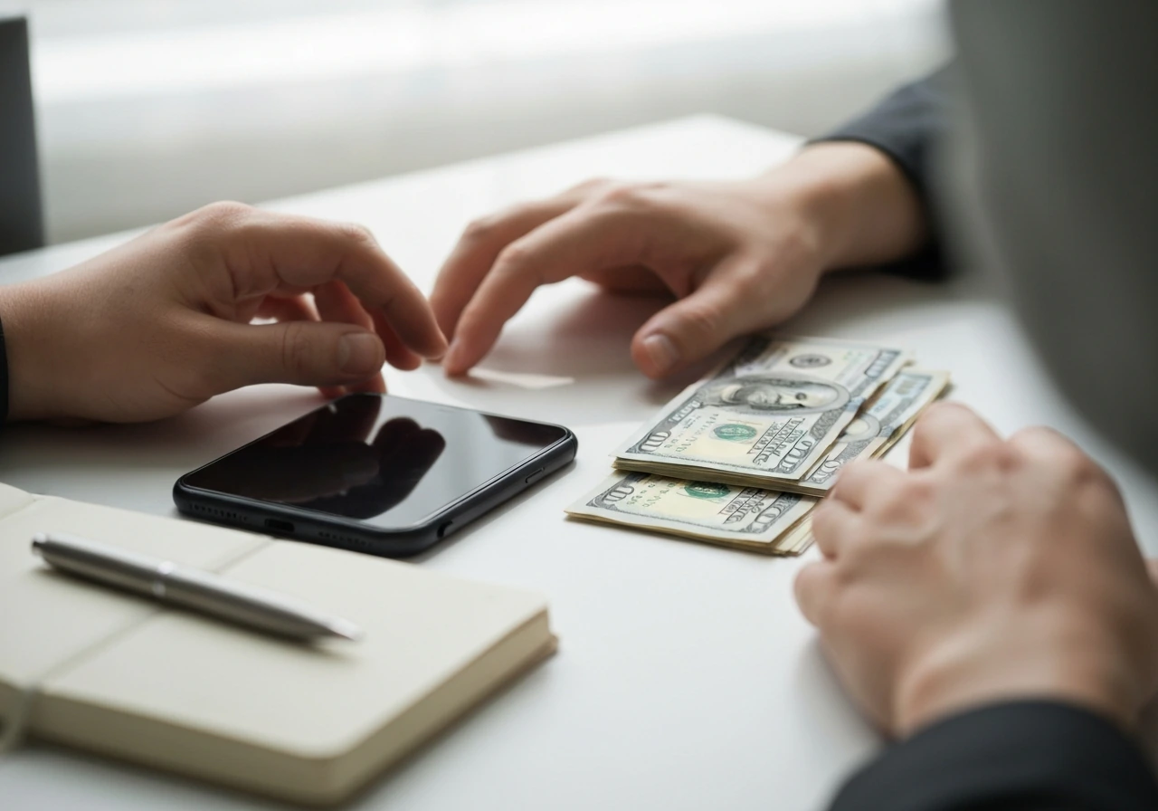 Minimal close-up of a businessman’s desk with a smartphone and scattered cash, symbolizing a net worth estimate range.