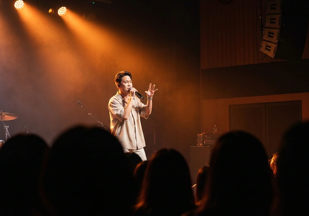 A live OPM singer on stage under warm spotlights with a microphone and a softly blurred audience.