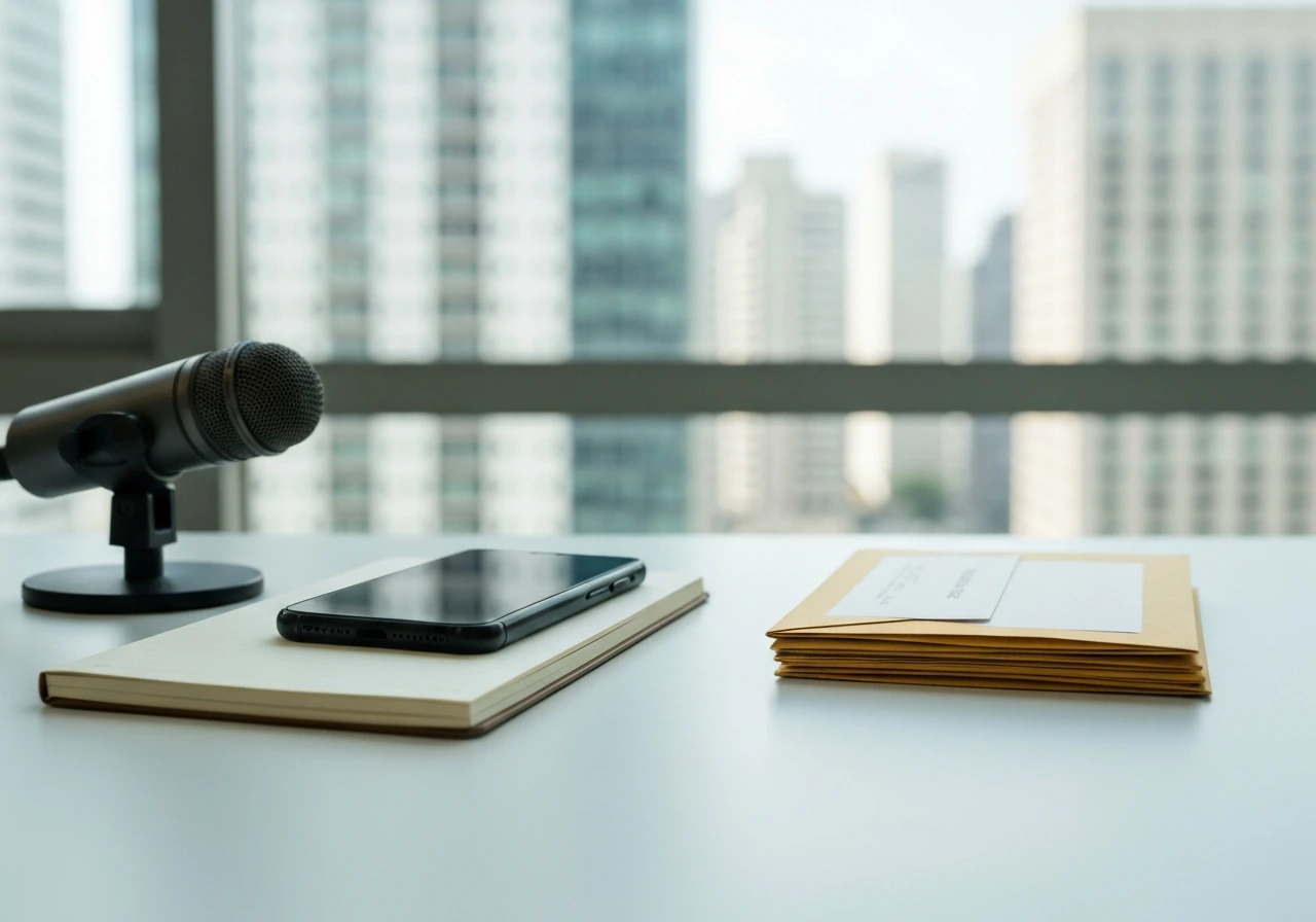 Minimal desk scene with studio microphone and smartphone beside organized envelopes in soft city light