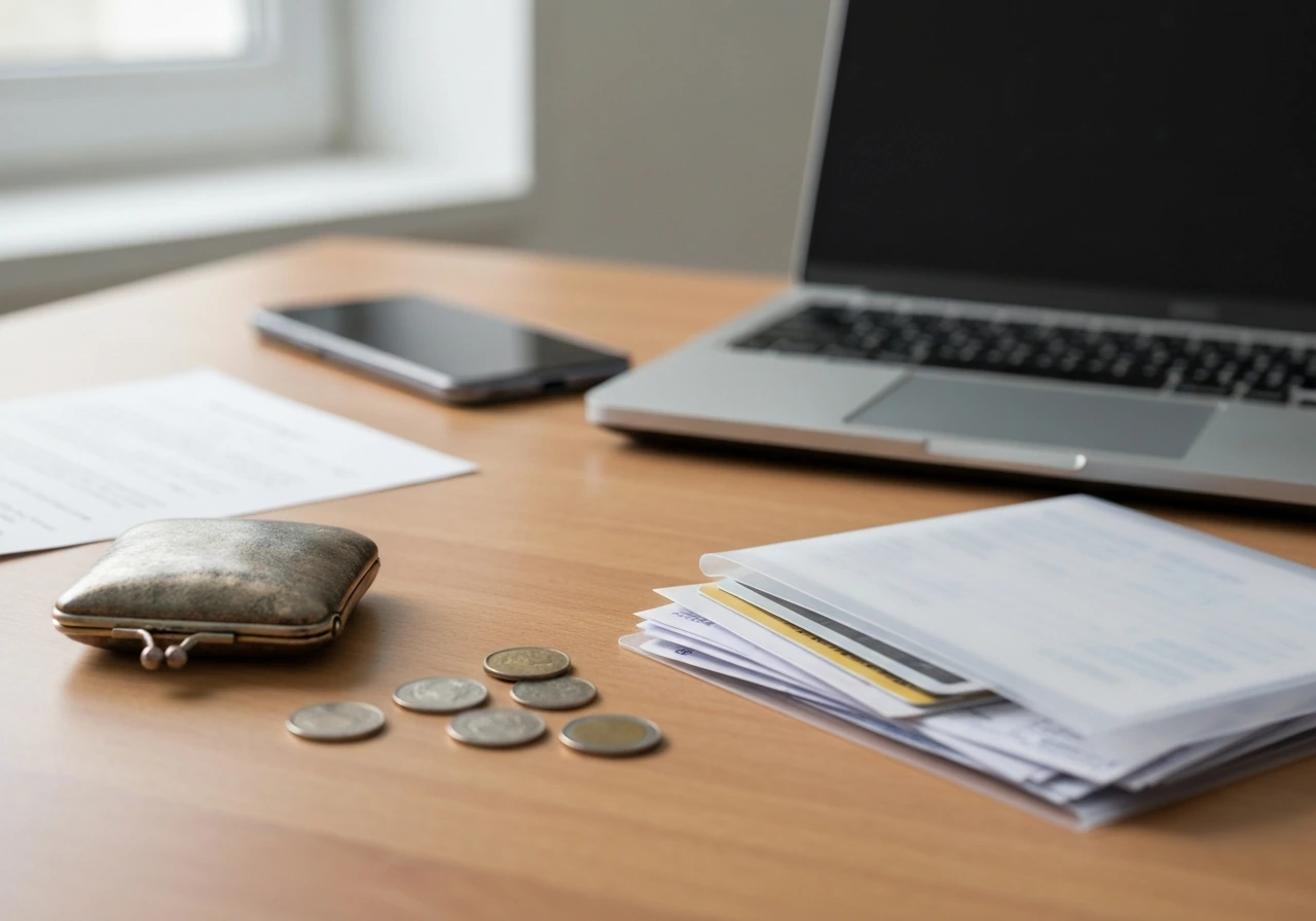 Minimal desk scene with phone, laptop, documents, and two conflicting receipt piles implying public vs private info.