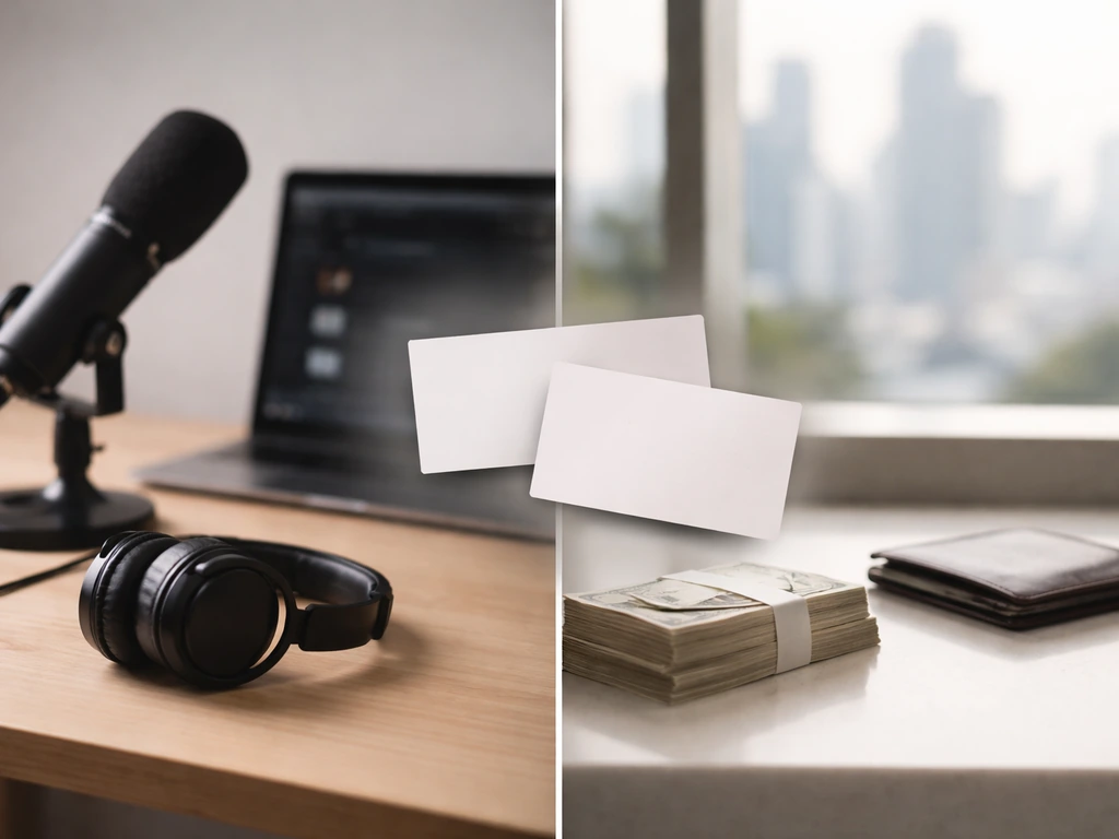 Minimal split-scene collage showing media-studio and money cues with blurred identity ambiguity