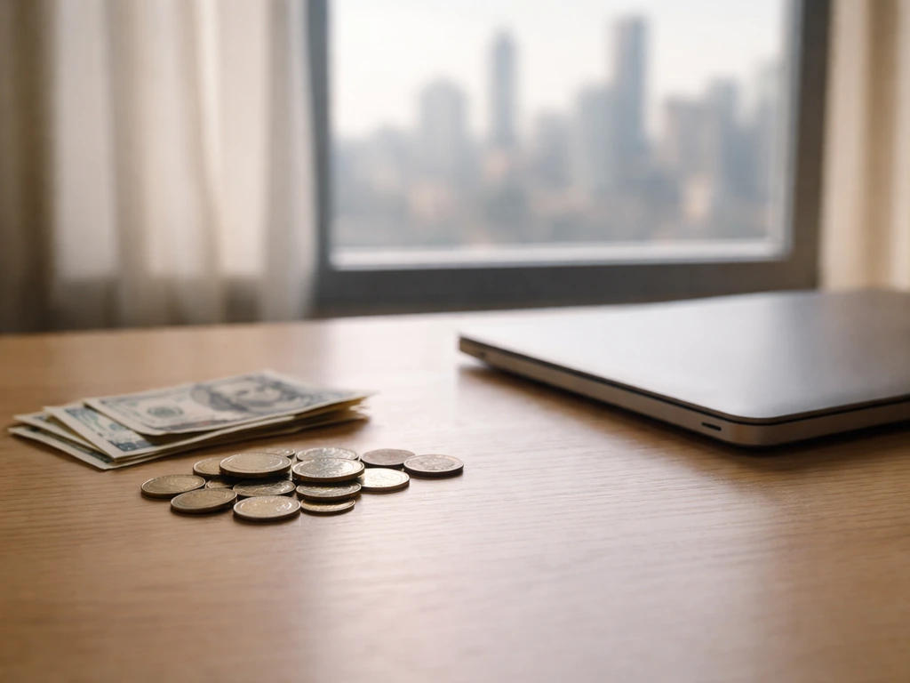 Minimal photo of a desk with scattered coins and a closed laptop, suggesting a broad net worth range.