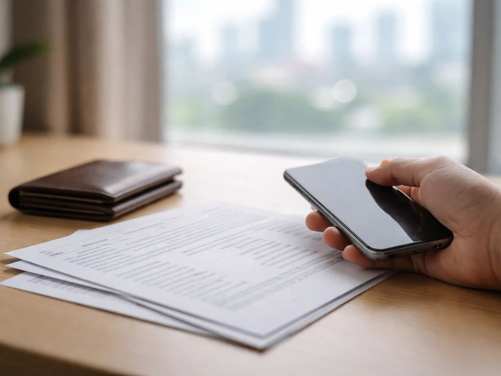 Minimal home-office scene with a face-down phone and financial papers suggesting differing estimates