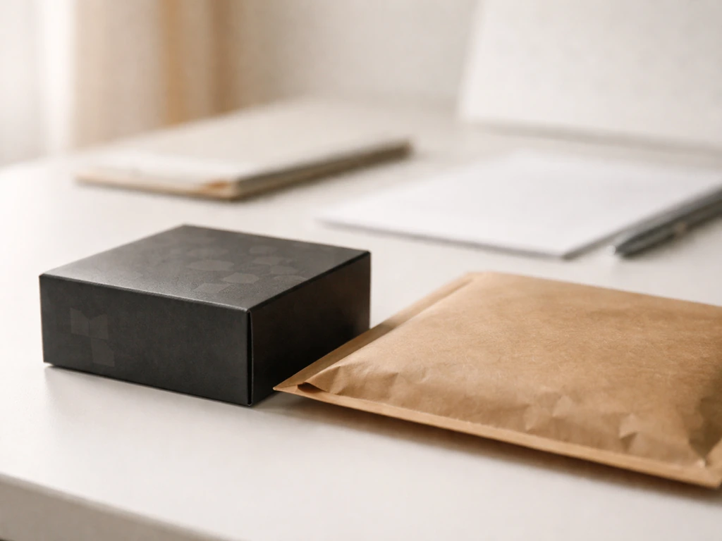 Minimal desk scene with a small boxed package and craft mailer suggesting a brand launch and business growth.