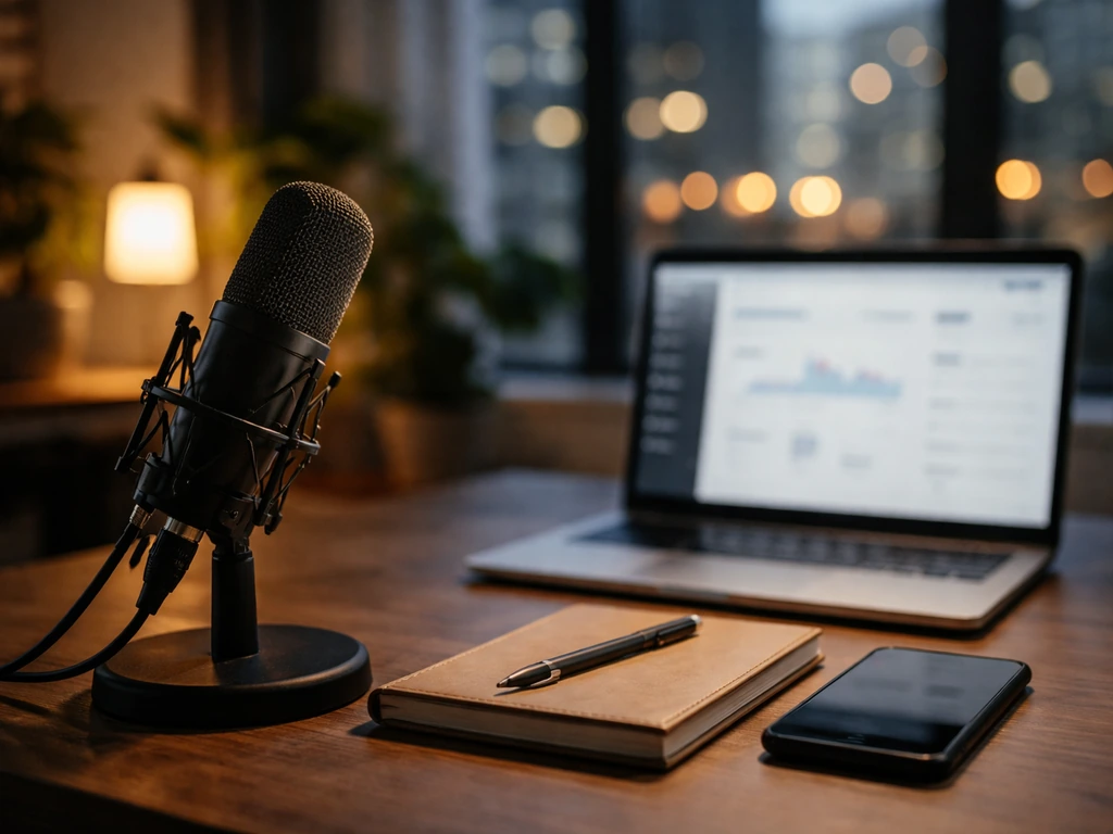 Minimal studio scene with a microphone and laptop, symbolizing media entrepreneurship and estimated net worth research.