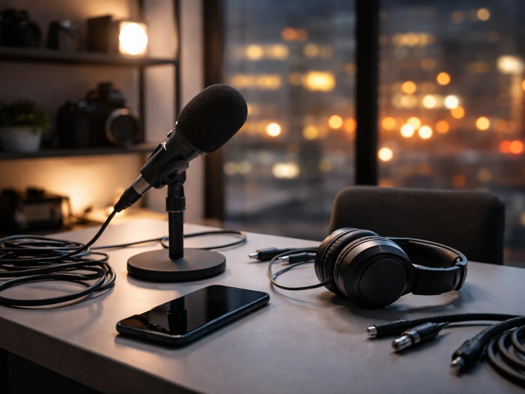 Podcast microphone and studio desk setup with headphones and city night bokeh in the background.
