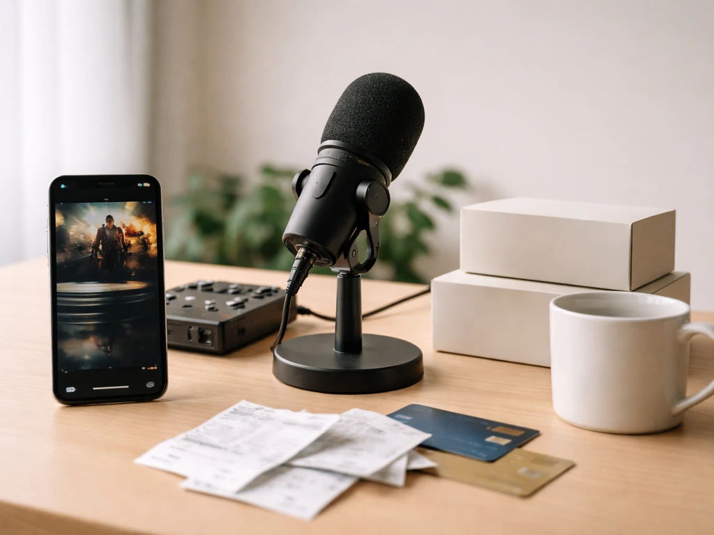 Minimal desk scene with phone film-promo thumbnail, podcast microphone, and blank product mockups suggesting creator inc