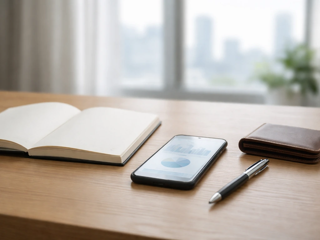 Minimal desk scene with scattered documents and a smartphone showing finance-themed visuals, symbolizing career mileston