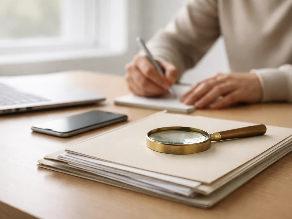 Hands at a desk with magnifying glass over documents, symbolizing self-verification for business and trademarks.