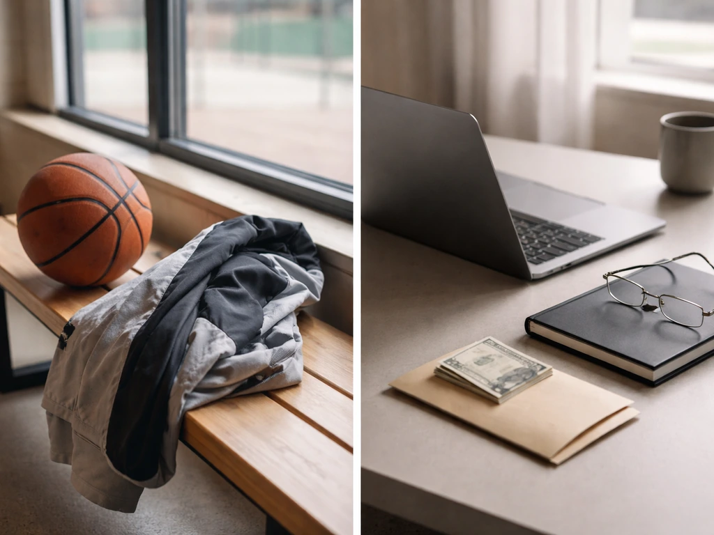 Split image: basketball-and-jacket on one side, laptop-and-cash on the other to contrast two identities.