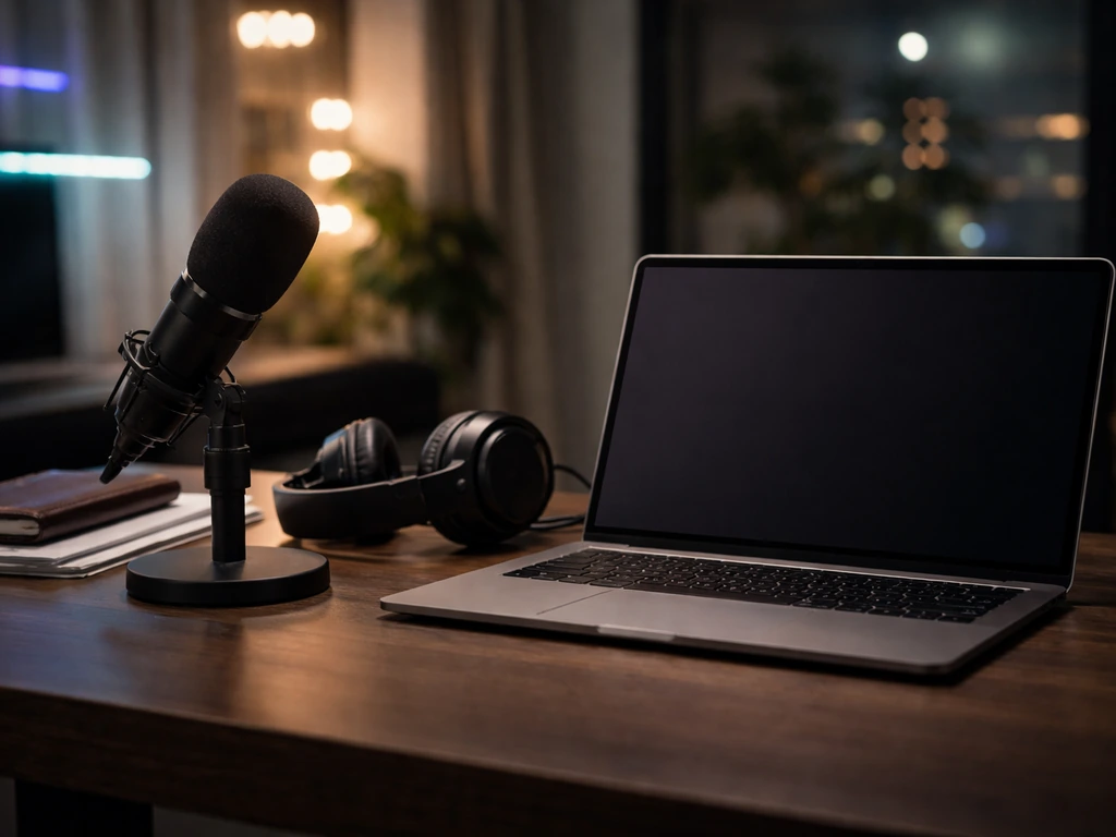 Minimal streaming studio desk with microphone and headphones, subtle business items suggesting wealth calculation.
